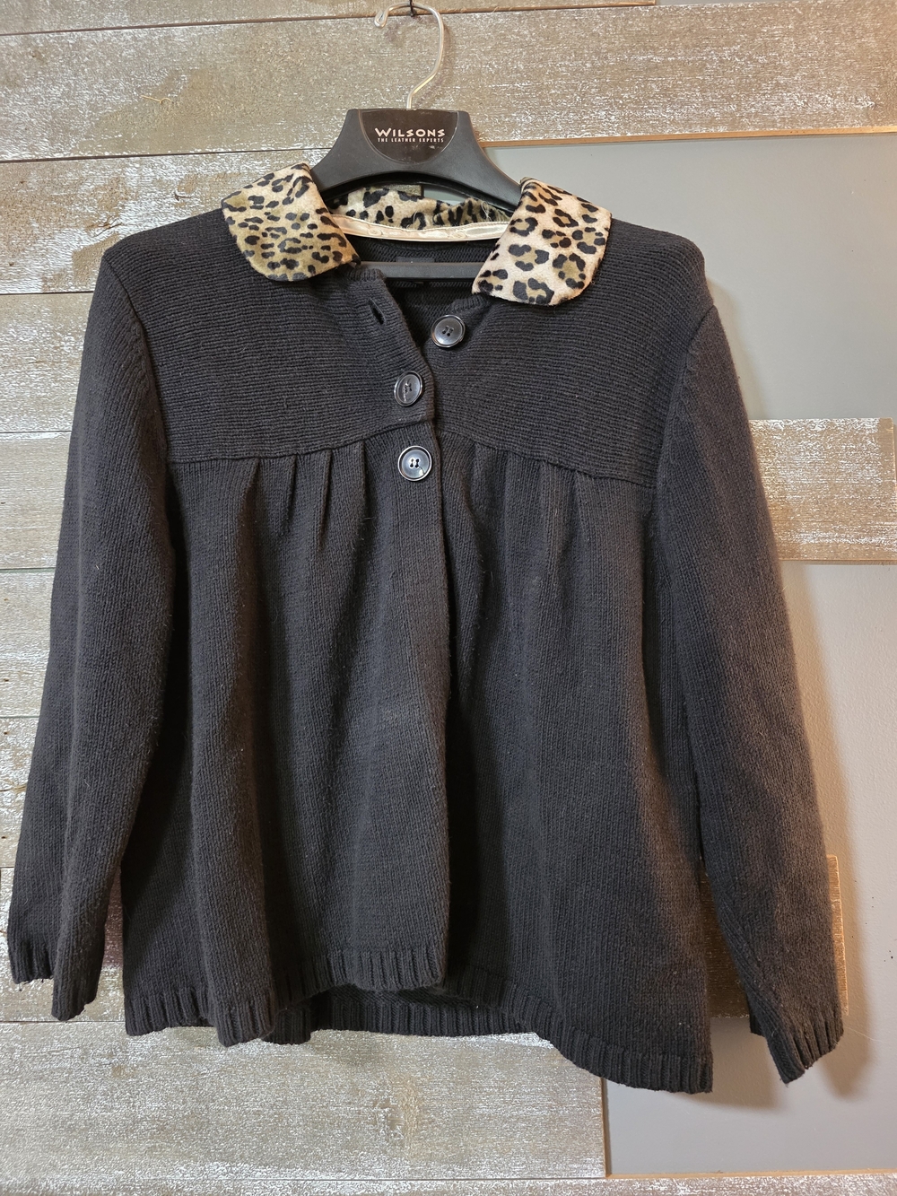 Rafaella Black Knit Jacket with Leopard-Print Collar Accent